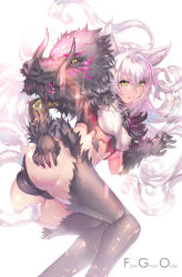Rule 34 | 1girl, animal ears, ass, atalanta (fate), atalanta alter (fate), black gloves, black panties, blush, breasts, commentary request, copyright name, elbow gloves, fate/grand order, fate (series), fur-trimmed gloves, fur trim, gloves, green eyes, hair between eyes, hand on own ass, long hair, looking at viewer, lying, medium breasts, multiple tails, on side, panties, parted lips, silver hair, simple background, slit pupils, solo, tail, two tails, underwear, very long hair, white background, yellow eyes, yoshimoto (dear life)
