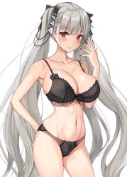 Rule 34 | 1girl, amagi (amagi626), arm behind back, azur lane, black bra, black nails, black panties, blush, bra, breasts, cleavage, collarbone, commentary request, earrings, formidable (azur lane), grey hair, hand on own face, highres, jewelry, large breasts, lingerie, long hair, looking at viewer, nail polish, navel, panties, red eyes, simple background, smile, solo, twintails, underwear, underwear only, upper body, very long hair, white background