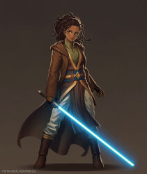 1girl 5health absurdres blue_lightsaber boots brown_background brown_eyes brown_footwear brown_hair brown_robe copyright_name dark-skinned_female dark_skin dreadlocks energy_sword full_body highres holding_lightsaber lightsaber long_hair lula_talisola open_clothes open_robe pants pelvic_curtain robe solo star_wars star_wars:_the_high_republic sword very_dark_skin weapon white_pants