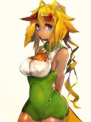 Rule 34 | 1girl, :/, arms behind back, bare shoulders, beige background, blonde hair, blue eyes, breasts, closed mouth, covered navel, dark skin, dark-skinned female, dress, covered erect nipples, green dress, highres, horns, large breasts, long hair, looking at viewer, maido mido, original, shiratan, simple background, sketch, solo, standing, white background