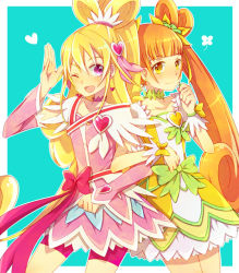 Rule 34 | 2girls, ;d, aida mana, arm warmers, bike shorts, blonde hair, bow, brooch, brown hair, choker, commentary request, cure heart, cure rosetta, curly hair, dokidoki! precure, double bun, dress, flower, green choker, hair bun, hair flower, hair ornament, half updo, heart, heart brooch, heart hair ornament, jewelry, long hair, magical girl, multiple girls, one eye closed, open mouth, pink bow, pink eyes, pink sleeves, ponytail, precure, ribbon, ruka192, shorts, shorts under skirt, smile, twintails, waist bow, wrist cuffs, yellow eyes, yotsuba alice