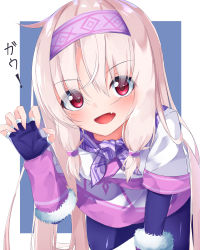 Rule 34 | 1girl, :d, absurdres, ainu clothes, all fours, black gloves, black pantyhose, blue background, commentary request, fang, fate/grand order, fate (series), fingerless gloves, fingernails, fur trim, gloves, hair between eyes, hairband, highres, illyasviel von einzbern, light brown hair, long hair, looking at viewer, open mouth, pantyhose, pink hairband, red eyes, sitonai (fate), smile, solo, suisen-21, translation request, two-tone background, v-shaped eyebrows, white background