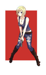 Rule 34 | 1girl, absurdres, aya brea, bare shoulders, belt, belt buckle, black shirt, blonde hair, blue eyes, boots, breasts, buckle, casual, chromatic aberration, cleavage, closed mouth, denim, dog tags, eye contact, facing viewer, female focus, full body, gun, handgun, highres, holding, holding gun, holding weapon, jeans, jewelry, knee boots, large breasts, leather, legs apart, looking at another, looking at viewer, midriff, necklace, outside border, pants, parasite eve, pistol, red background, shirt, short hair, simple background, solo, standing, tank top, torn clothes, torn jeans, torn pants, weapon, wing (wingxx01w)