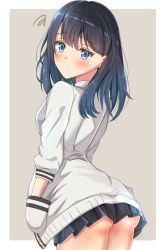 Rule 34 | 1girl, arched back, ass, black hair, black skirt, blue eyes, blush, breasts, cardigan, commentary request, dot nose, from behind, gridman universe, hand in pocket, highres, long hair, long sleeves, looking at viewer, looking back, medium breasts, pleated skirt, school uniform, simple background, skirt, solo, ssss.gridman, straight hair, sunsun2812, takarada rikka, thighs