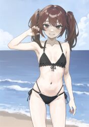 Rule 34 | 1girl, beach, bikini, black bikini, blue sky, breasts, brown eyes, brown hair, cloud, day, grin, hair between eyes, hair ribbon, hand in own hair, highres, kantai collection, long hair, looking at viewer, nito (nshtntr), ocean, outdoors, ribbon, ryuujou (kancolle), side-tie bikini bottom, skindentation, sky, small breasts, smile, solo, swimsuit, twintails, water, white ribbon