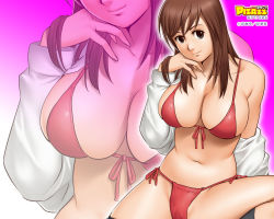 Rule 34 | 1girl, action pizazz, bikini, breasts, brown hair, cleavage, front-tie top, huge breasts, large breasts, official art, official wallpaper, red bikini, saigado, side-tie bikini bottom, solo, swimsuit, wallpaper, zoom layer
