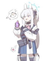 Rule 34 | 1girl, animal ears, black bow, black gloves, blue archive, blue eyes, blue halo, bow, braid, bulletproof vest, cellphone, cowboy shot, detached sleeves, doodle sensei (blue archive), fake animal ears, gloves, grey hair, hair bow, halo, hands up, heart, heart-shaped pupils, highres, holding, holding phone, hypnosis app, long hair, long sleeves, miyako (blue archive), neckerchief, phone, pink neckerchief, pleated skirt, rabbit ears, sailor collar, sensei (blue archive), sidelocks, skirt, small sweatdrop, smartphone, spoken character, spoken heart, symbol-shaped pupils, thighhighs, two-tone skirt, uni gyoza, white background