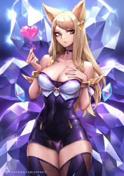 Rule 34 | 1girl, ahri (league of legends), animal ears, artist logo, bare shoulders, blonde hair, bracelet, breasts, choker, collarbone, commentary, cowboy shot, crystal, english commentary, facial mark, fox ears, hair ornament, hand on own chest, heart, heart hair ornament, highres, jewelry, k/da (league of legends), k/da ahri, large breasts, league of legends, long hair, looking at viewer, nail polish, oopartz yang, parted lips, patreon username, pink nails, solo, thigh gap, thighhighs, whisker markings, yellow eyes