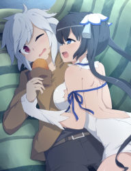 Rule 34 | 10s, 1boy, 1girl, albino, assertive female, backless outfit, bad id, bad pixiv id, bell cranel, belt, black hair, blue eyes, breast press, breasts, commentary request, couch, dress, dungeon ni deai wo motomeru no wa machigatteiru darou ka, elbow gloves, food, fuuen (akagaminanoka), girl on top, gloves, hair ornament, hestia (danmachi), hetero, highres, holding another&#039;s wrist, large breasts, long hair, lying, on back, on couch, one eye closed, open mouth, pants, purple eyes, rei no himo, shirt, short dress, twintails, very long hair, white dress, white gloves, white hair