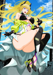 Rule 34 | 1girl, :o, absurdres, bare shoulders, bikini, bikini top only, blonde hair, breasts, cleavage, clothing cutout, cloud, collar, covered erect nipples, day, eyebrows hidden by hair, feet, female focus, fingerless gloves, floating hair, full body, gloves, gluteal fold, hanzaki jirou, happy, high heels, high ponytail, highres, large breasts, legs, long hair, looking at viewer, nail polish, navel, navel cutout, off shoulder, open mouth, outdoors, purple eyes, sky, smile, solo, swimsuit, thighs