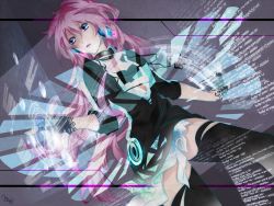 1girl blue_eyes female_focus fingerless_gloves gloves headphones holographic_interface long_hair megurine_luka open_mouth pink_hair skirt solo thighhighs tyouya very_long_hair vocaloid zettai_ryouiki