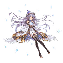 Rule 34 | 10s, 1girl, adapted costume, bare shoulders, black thighhighs, blue flower, blue rose, blush, closed mouth, crystal, detached sleeves, eyebrows, flower, full body, granblue fantasy, halterneck, highres, hood, light purple hair, lily (granblue fantasy), long hair, looking at viewer, pointy ears, rose, simple background, smile, solo, thighhighs, toeless legwear, toes, tomo (tmtm mf mf), white background, zettai ryouiki