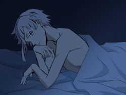 Rule 34 | bare shoulders, bed, bungou stray dogs, grey hair, looking at viewer, lying, mari (marimaripink), nakajima atsushi (bungou stray dogs), nude, on stomach, solo, under covers, upper body, yellow eyes