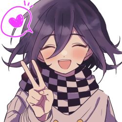 Rule 34 | 1boy, :d, black hair, blush, buttons, checkered clothes, checkered scarf, danganronpa (series), danganronpa v3: killing harmony, double-breasted, facing viewer, flipped hair, grey jacket, heart, jacket, long sleeves, male focus, notice lines, oma kokichi, open mouth, scarf, smile, solo, spoken heart, teeth, upper teeth only, urami0310