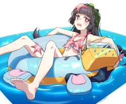 Rule 34 | 1girl, @ @, barefoot, bikini, black hair, blue archive, blush, floating, highres, innertube, looking at viewer, miyu (blue archive), open mouth, penguin say, red eyes, sitting, solo, spread legs, starfish, swim ring, swimsuit, tearing up, water