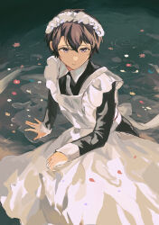 Rule 34 | 1boy, absurdres, apron, bishounen, black dress, black hair, chinen, crossdressing, dress, expressionless, flower, frilled apron, frills, highres, long sleeves, maid, maid apron, maid headdress, male focus, male maid, original, pink petals, purple eyes, ripples, short hair, sitting, solo, water, water drop, white apron