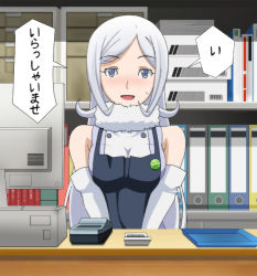 Rule 34 | 10s, 1girl, :d, aila jyrkiainen, apron, badge, bare shoulders, blue eyes, blush, book, bookshelf, breasts, breasts squeezed together, button badge, calculator, clerk, computer, counter, display, elbow gloves, embarrassed, flipped hair, fur trim, gloves, gundam, gundam build fighters, haro, haro button badge, hiro 23 kura, indoors, lavoy (kurakuro), long hair, looking at viewer, nose blush, open mouth, paper, parted bangs, silver hair, smile, solo, speech bubble, sweatdrop, swept bangs, translated, tray, upper body, v arms, very long hair, white gloves