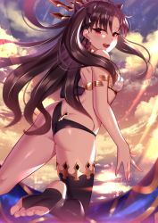 Rule 34 | 1girl, absurdres, armlet, ass, asymmetrical legwear, asymmetrical sleeves, back, bare shoulders, bikini, black bikini, black bow, black hair, blush, bow, breasts, butt crack, detached collar, detached sleeves, earrings, fate/grand order, fate (series), feet, hair bow, heavenly boat maanna, heiyan shenshi, highres, hoop earrings, ishtar (fate), jewelry, long hair, looking at viewer, looking back, medium breasts, mismatched bikini, neck ring, open mouth, parted bangs, red eyes, single detached sleeve, single thighhigh, sky, smile, soles, solo, swimsuit, thighhighs, thighs, tiara, toeless legwear, toes, two side up, uneven legwear, uneven sleeves, weapon, white bikini