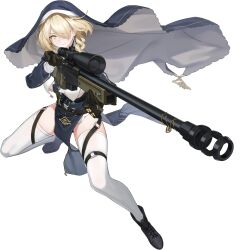 Rule 34 | 1girl, absurdres, agnes (counter:side), ai arctic warfare, blonde hair, bolt action, breast curtains, counter:side, dress, full body, green eyes, gun, habit, hair over one eye, heterochromia, highres, holding, holding gun, holding weapon, official art, pelvic curtain, rifle, simple background, sniper rifle, solo, tachi-e, thigh strap, thighhighs, transparent background, veil, weapon, white thighhighs, yellow eyes