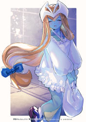 Rule 34 | 1girl, absurdres, apron, bag, blonde hair, blue bow, bow, closed eyes, duel monster, feet out of frame, hair bow, highres, holding, holding bag, kappougi, long hair, low-tied long hair, mystical elf, open mouth, smile, solo, sugomori tsuru (artist), very long hair, walking, yu-gi-oh!