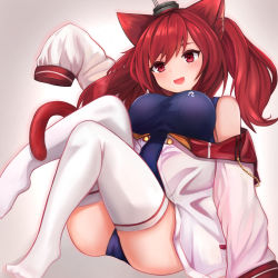 Rule 34 | 1girl, :d, animal ears, azur lane, bare shoulders, blue one-piece swimsuit, breasts, cat ears, cat girl, cat tail, gradient background, highres, i-19 (azur lane), large breasts, long hair, long sleeves, one-piece swimsuit, open mouth, red eyes, red hair, ryara, school swimsuit, sitting, sleeves past fingers, sleeves past wrists, smile, solo, swept bangs, swimsuit, tail, thighhighs, thighs, twintails, white thighhighs