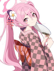 Rule 34 | + +, 1girl, absurdres, alternate costume, blue archive, blush stickers, checkered clothes, checkered kimono, commentary request, flower, from behind, hair between eyes, hair flower, hair ornament, halo, hand fan, head tilt, highres, holding, holding fan, japanese clothes, kimono, kokolokokomika, koyuki (blue archive), lone nape hair, long hair, long sleeves, looking at viewer, looking back, nape, obi, paper fan, pink eyes, pink hair, sash, sidelocks, simple background, smile, solo, symbol-shaped pupils, twintails, uchiwa, white background, wide sleeves, yukata