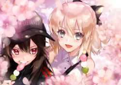 Rule 34 | 2girls, :d, bad id, bad pixiv id, bare shoulders, baseball cap, black bow, black hair, black headwear, black jacket, blonde hair, blurry, blurry foreground, blush, bow, breasts, cherry blossoms, clothes writing, collared shirt, commentary request, dango, depth of field, dress shirt, eating, fate/grand order, fate (series), food, grey eyes, hair between eyes, hair bow, hanami, hat, headwear writing, highres, holding, holding food, jacket, koha-ace, long hair, looking at viewer, multiple girls, oda nobunaga (fate), oda nobunaga (koha-ace), okita souji (fate), okita souji (koha-ace), open mouth, petals, sanshoku dango, shirt, sleeveless, sleeveless shirt, small breasts, smile, upper body, utayoi (umakatare), v-shaped eyebrows, wagashi, white shirt