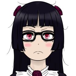 Rule 34 | 1girl, bespectacled, black hair, blunt bangs, blush, closed mouth, crossover, dot nose, dress, emergence (shindol), eyebrows, female focus, flower, glasses, gokou ruri, hair flower, hair ornament, hime cut, leluxs, long hair, looking at viewer, mole, mole under eye, ore no imouto ga konna ni kawaii wake ga nai, portrait, red eyes, self-upload, simple background, solo, standing, transparent background