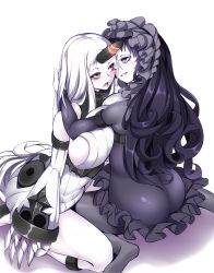 Rule 34 | 10s, 2girls, abyssal ship, aged up, ass, asymmetrical docking, black dress, black hair, black legwear, blush, breast press, breasts, claws, colored skin, dress, frilled dress, frills, gothic lolita, highres, horns, huge breasts, isolated island oni, kantai collection, lolita fashion, long hair, multiple girls, open mouth, pantyhose, red eyes, ribbed dress, seaport princess, short dress, sideboob, simple background, single horn, sitting, smile, sukage, very long hair, wariza, white hair, white skin