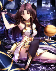 Rule 34 | &gt;:), 1girl, anklet, armlet, armpits, bare shoulders, black hair, black ribbon, breasts, bridal gauntlets, cleavage, crown, earrings, elbow gloves, fate/grand order, fate (series), gloves, hair intakes, hair ribbon, heavenly boat maanna, highres, hoop earrings, ishtar (fate), jewelry, long hair, long legs, looking at viewer, medium breasts, navel, neck ring, parted lips, partially submerged, pelvic curtain, ribbon, shigure s, single elbow glove, single thighhigh, sitting, smile, solo, thighhighs, two side up, v-shaped eyebrows, venus (planet), very long hair, yellow eyes