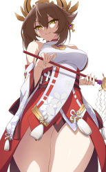 Rule 34 | 1girl, bare shoulders, breasts, brown hair, closed mouth, cosplay, cowboy shot, detached sleeves, earrings, genshin impact, gohei, green eyes, hair between eyes, hair ornament, highres, holding, holding gohei, japanese clothes, jewelry, kantai collection, large breasts, legs together, looking at viewer, mutsu (kancolle), nontraditional miko, shirt, short hair, sleeveless, sleeveless shirt, smile, solo, thighs, utsumi karmin, vision (genshin impact), white background, white shirt, wide sleeves, yae miko, yae miko (cosplay)