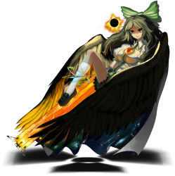 Rule 34 | 1girl, arm cannon, arugeri, black wings, bow, breasts, brown hair, cape, female focus, floating, hair bow, kneehighs, large bow, large breasts, loafers, long hair, radioactive, red eyes, reiuji utsuho, shadow, shoes, skirt, smirk, socks, solo, touhou, weapon, white background, white socks, wings