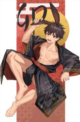 Rule 34 | 1boy, :d, abs, animal ears, bare legs, bare pectorals, barefoot, black fundoshi, black hair, black kimono, brown eyes, bulge, chinese zodiac, collarbone, commentary request, feet, fundoshi, hand on own ear, hand up, highres, japanese clothes, kimono, long sleeves, looking at viewer, male focus, nayoshi (r-744), nipples, open clothes, open kimono, open mouth, original, outside border, pectorals, print kimono, rabbit boy, rabbit ears, reclining, shiny clothes, short hair, smile, solo, spread legs, toned, toned male, wide sleeves, year of the rabbit, yukata