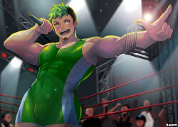 Rule 34 | 1boy, bara, black hair, bulge, covered abs, cowboy shot, crowd, dark-skinned male, dark skin, faceless, facial hair, from below, goatee, gorioxxxx, green eyes, green hair, highres, holding, holding microphone, ikusaba daisuke, large pectorals, looking to the side, male focus, microphone, multicolored hair, muscular, muscular male, pectoral cleavage, pectorals, pointing, pointing to the side, short hair, sidepec, solo, spotlight, thick thighs, thighs, tokyo houkago summoners, two-tone hair, wrestling outfit, wrestling ring