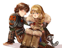 Rule 34 | 1boy, 1girl, amputee, armor, astrid hofferson, blonde hair, blue eyes, blush, boots, braid, brown hair, circlet, couple, fur, fur collar, hair over shoulder, head rest, hetero, hiccup horrendous haddock iii, how to train your dragon, how to train your dragon 2, kadeart, leg warmers, long hair, looking away, aged up, pauldrons, prosthesis, prosthetic leg, pteruges, shoulder armor, side braid, single braid, sitting, sitting on lap, sitting on person