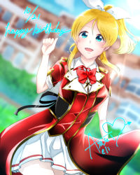 Rule 34 | 1girl, artist request, ayase eli, b4imymemine, back bow, black bow, blonde hair, blue eyes, blue sky, blurry, blurry background, blush, bokura no live kimi to no life, bow, bowtie, breasts, buttons, cloud, collared shirt, day, dress, female focus, hair between eyes, hair bow, hair ribbon, highres, long hair, looking at viewer, love live!, love live! school idol project, medium breasts, neck ribbon, neckwear request, outdoors, parted lips, ponytail, red dress, red neckwear, red shirt, ribbon, shirt, short hair, short sleeves, skirt, sky, smile, solo, sunlight, white bow, white ribbon, white skirt