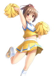 Rule 34 | 1girl, :d, arm up, armpits, bare shoulders, blush, bow, breasts, brown hair, buruma, cheerleader, crotch seam, gluteal fold, hair bow, high ponytail, highres, leg up, looking at viewer, midriff, open mouth, original, pleated skirt, ponytail, red eyes, shibacha, shirt, shoes, sidelocks, simple background, skirt, sleeveless, sleeveless shirt, small breasts, smile, sneakers, socks, solo, standing, standing on one leg