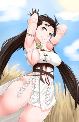 Rule 34 | 1girl, absurdres, armpits, arms behind head, arms up, bare shoulders, blue sky, blush, body markings, breasts, brown eyes, brown hair, closed mouth, day, dress, facial mark, fate/grand order, fate (series), forehead, forehead mark, highres, himiko (fate), himiko (first ascension) (fate), jewelry, kiru (bsesso), large breasts, long hair, looking at viewer, magatama, magatama necklace, necklace, no bra, no panties, sash, side slit, sideboob, sky, smile, thighs, topknot, twintails, wheat field, white dress