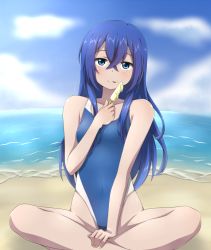Rule 34 | 10s, 1girl, astarte (strike the blood), beach, blue eyes, blue hair, blue one-piece swimsuit, blue sky, cloud, collarbone, competition swimsuit, cream, cream on face, day, food, food on face, hair between eyes, highleg, highleg swimsuit, holding, holding food, indian style, long hair, looking at viewer, ocean, one-piece swimsuit, outdoors, sitting, sky, solo, strike the blood, swimsuit, tongue, tongue out, very long hair, yyi
