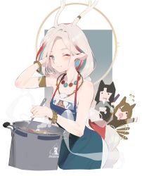 Rule 34 | 3girls, ;), a deer of nine colors, alternate costume, alternate hairstyle, animal ears, antlers, apron, arknights, arm up, armlet, artist name, atianshi attas, bare shoulders, blue eyes, blue hair, blush, bracelet, braid, ceobe (arknights), chibi, chibi inset, closed mouth, collarbone, commentary request, cooking, cowboy shot, earrings, forehead, gradient background, green apron, hand in own hair, highres, horns, jewelry, long hair, looking at viewer, multicolored hair, multiple girls, necklace, nine-colored deer, one eye closed, pot, red hair, rhodes island logo (arknights), saga (arknights), silver hair, single braid, smile, solo focus, streaked hair, very long hair, white background