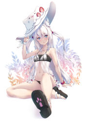 Rule 34 | 1girl, animal ear headwear, animal ears, arm behind back, azur lane, babydoll, bare legs, bare shoulders, barefoot, bikini, black bikini, blue eyes, blush, breasts, cat cutout panties, cat ears, cat girl, fake animal ears, fang, full body, hair bobbles, hair ornament, hammann (azur lane), hammann ii (another rebellious summer) (azur lane), hammann ii (azur lane), hand up, highres, legs, lifted by self, long hair, midriff, nakazawa aki, navel, official alternate costume, outstretched leg, parted lips, paw print, ribbon, sandals, see-through, sitting, small breasts, solo, spaghetti strap, staring, strawberry hat ornament, swimsuit, thighs, two side up, very long hair, white babydoll, white hair, white ribbon, wrist ribbon