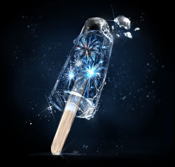 Rule 34 | artist name, black background, blue theme, broken glass, cocon (cocon q), fireworks, food, glass, glint, gradient background, green background, highres, light particles, no humans, original, popsicle, signature, simple background, still life, twitter username