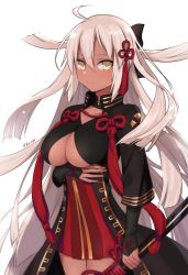 Rule 34 | ahoge, arm guards, black bow, bow, cleavage cutout, clothing cutout, commentary request, cowboy shot, dark-skinned female, dark skin, fate/grand order, fate (series), hair between eyes, hair bow, high collar, holding, holding sword, holding weapon, katana, kz ripo, long hair, okita souji (fate), okita souji alter (fate), red scarf, scarf, sheath, sheathed, solo, sword, tassel, very long hair, weapon, white hair, yellow eyes