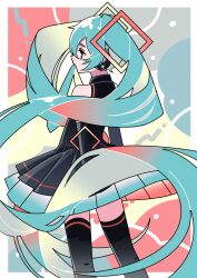 Rule 34 | 1girl, abstract background, absurdly long hair, alternate costume, aqua eyes, aqua hair, aqua necktie, black dress, black sleeves, black thighhighs, border, collared dress, commentary request, contrapposto, detached sleeves, dress, feet out of frame, floating hair, from behind, halftone, hatsune miku, headphones, highres, long bangs, long hair, looking away, looking to the side, machigami yoh, mouth hold, multicolored background, necktie, necktie in mouth, outside border, pleated dress, profile, short dress, sleeveless, sleeveless dress, solo, standing, thighhighs, twintails, very long hair, vocaloid, white border, zettai ryouiki
