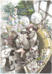 Rule 34 | 1girl, absurdres, animal, ball, barefoot, bear, black nails, block (object), bone, book, bookmark, cable, cactus, cat, claws, coffee, collar, controller, couch, cuffs, cup, curtains, demon girl, demon tail, fingernails, food, game controller, gamepad, grin, gun, hair over one eye, highres, holding, holding gun, holding weapon, horns, imoman, indoors, looking at viewer, lying, mushroom, nail polish, hugging object, on couch, on side, one eye closed, original, pants, pen, pencil, pillow, pillow hug, plant, plate, potted plant, red eyes, red hair, ruler, sandwich, shackles, sheep, sheep horns, short hair, skull, smile, solo, spoon, stuffed animal, stuffed sheep, stuffed toy, sweatpants, sweater, tail, tea, teacup, teddy bear, tomato, tray, tree, weapon, window, wink, wooden floor