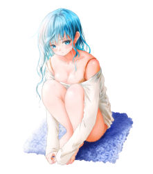 Rule 34 | 1girl, blue carpet, blue eyes, blue hair, blush, bottomless, bra, breasts, brown bra, carpet, cleavage, commentary request, frown, full body, ke-pachi (115coconuts), knees up, legs together, long hair, long sleeves, medium breasts, no panties, original, shirt, simple background, sitting, solo, toenails, toes, underwear, white background, white shirt