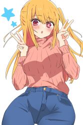 Rule 34 | + +, 1girl, :o, blonde hair, blush, commentary request, double v, highres, hoshino ruby, oshi no ko, red eyes, side ponytail, simple background, solo, star (symbol), sweater, thick thighs, thighs, turtleneck, turtleneck sweater, uriumi sub, v, white background, wide hips