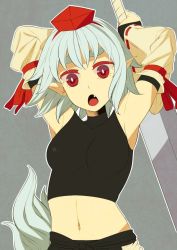 Rule 34 | 1girl, armpits, arms up, bad id, bad pixiv id, breasts, detached sleeves, fang, female focus, inubashiri momiji, midriff, navel, ogino (oginogino), open mouth, pointy ears, red eyes, short hair, silver hair, simple background, small breasts, solo, sword, tail, touhou, upper body, weapon, wolf tail