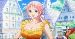 Rule 34 | 1girl, 2boys, age difference, braid, breasts, brown eyes, building, cape, cleavage, dress, family, father and daughter, happy, house, kyros, large breasts, long hair, looking at viewer, multiple boys, one piece, pink hair, rebecca (one piece), riku dold iii, screencap, serious, shiny skin, sky, smile, sword, town, weapon