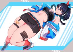 Rule 34 | 1girl, absurdres, aduti momoyama, bare shoulders, belt, black hair, black skirt, blue eyes, blue jacket, commentary request, crop top, foreshortening, gridman universe, gridman universe (film), hair ribbon, hands in pockets, highres, jacket, leg tattoo, long sleeves, looking at viewer, midriff, miniskirt, navel, off shoulder, official alternate costume, open clothes, open jacket, pencil skirt, ponytail, ribbon, shoes, simple background, skindentation, skirt, sneakers, solo, sports bra, ssss.gridman, stomach, takarada rikka, takarada rikka (solarain toys), tattoo, thick thighs, thigh strap, thighs